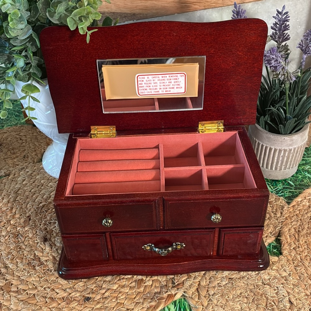 New Old Stock, Cherry Finish Jewelry Box, NIB